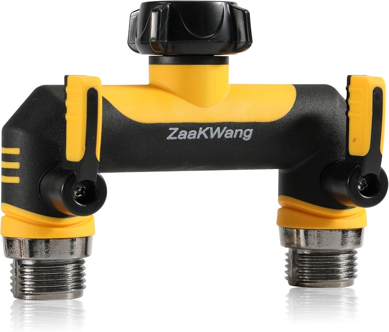 ZaakWang موصل خرطوم ثقيل مزدوج الاتجاه، محول صنبور حديقة متين، محول T - Way مع مقبض ممتد، خيط GHT 3/4 بوصة، أصفر - Image 1